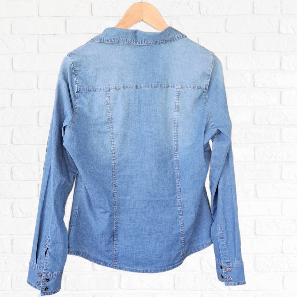 GUESS  Blue Denim Snap Front Western Shirt Large Coastal Cowgirl Long Sleeve - Picture 7 of 7